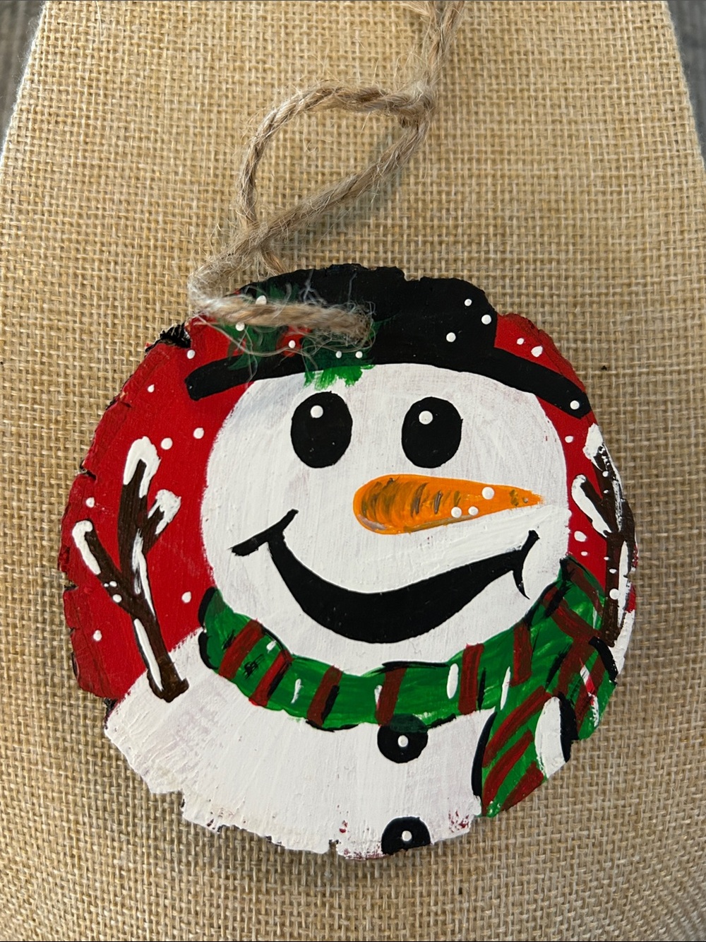 Hand-Painted Snowman Wood Ornament - on a bark piece winter Holiday Decor